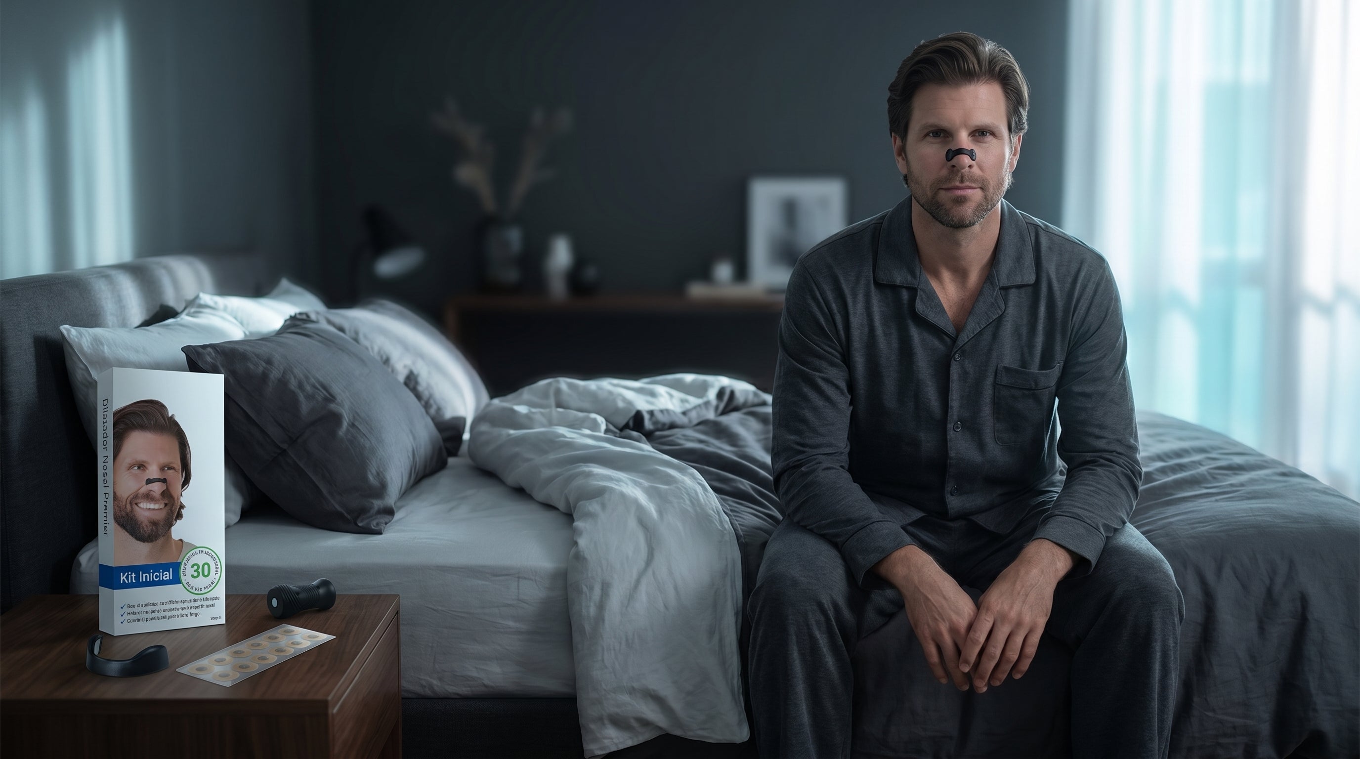 Escena nocturna realista del dilatador nasal magnetico AERONOX sobre la mesilla